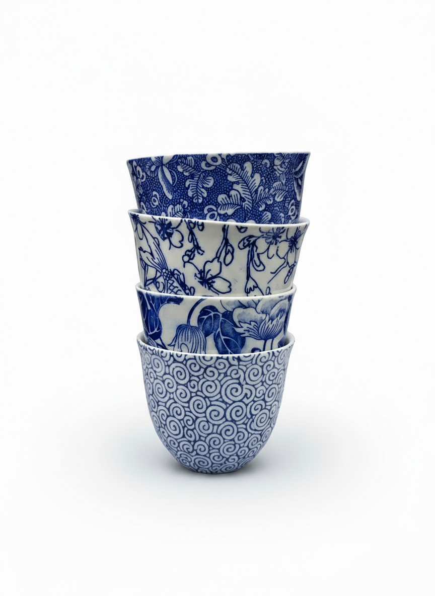  A suprise selction  of four blue and white printy printed teacups  